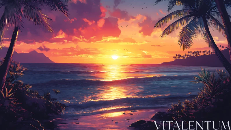 Tropical coastline sunset with palm silhouettes and glowing surf.