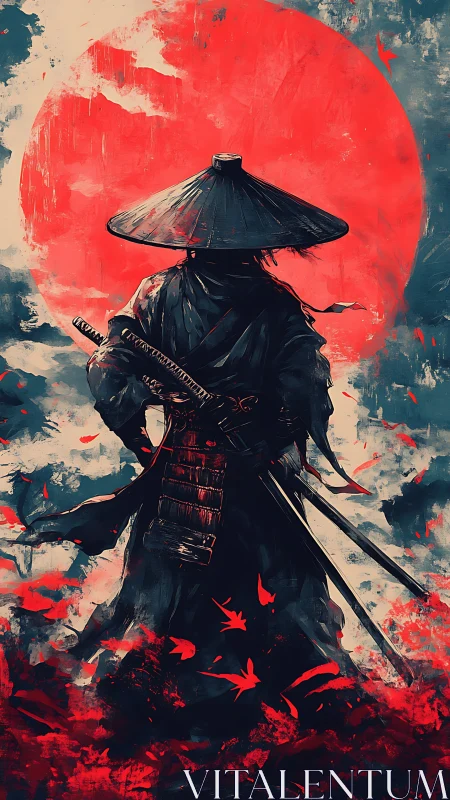Silhouetted samurai figure against textured crimson sun disc