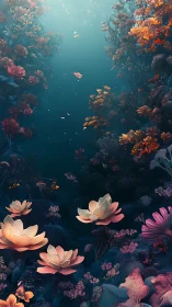 Digital underwater scene shows glowing coral and flowers