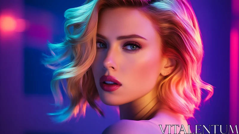 Digital portrait of woman in neon gradient lighting environment.