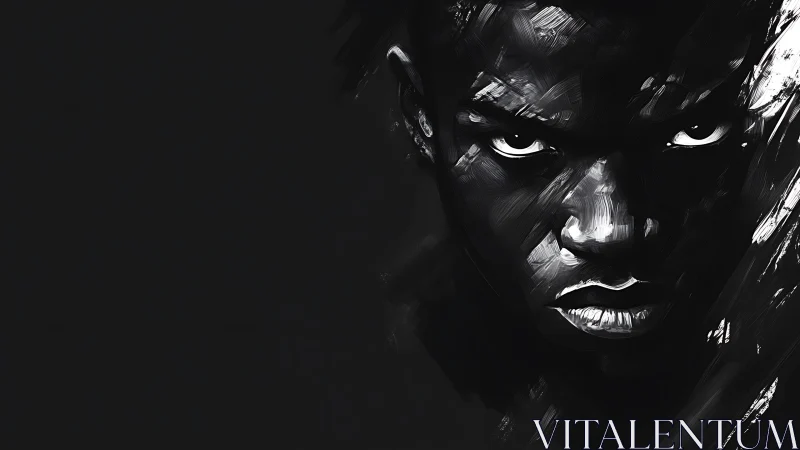 Intense monochrome portrait with dramatic brushwork focus.