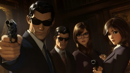 Stylish secret agents poised for a dramatic midnight standoff.