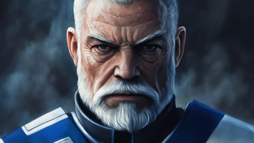 Hardened futuristic commander with silver beard portrait