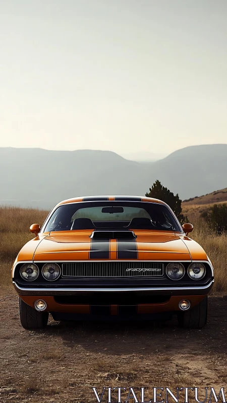 Front view of orange striped classic muscle car outdoors.