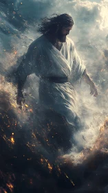 Majestic robed figure strides through swirling storm waves