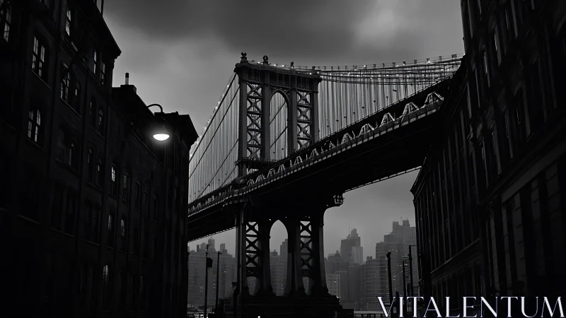 Suspension bridge spans urban street under heavy overcast sky