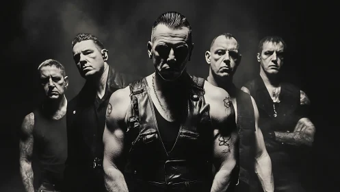 Brooding rock band stands under stark monochrome lighting.