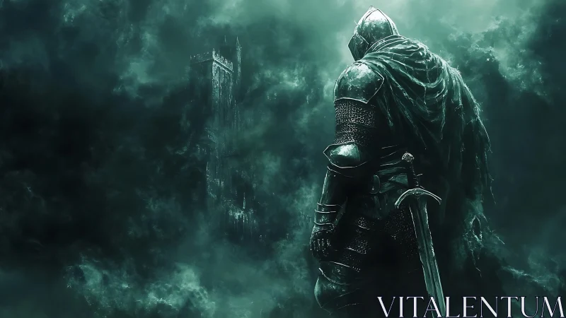 Lone armored knight gazes toward a distant shrouded citadel