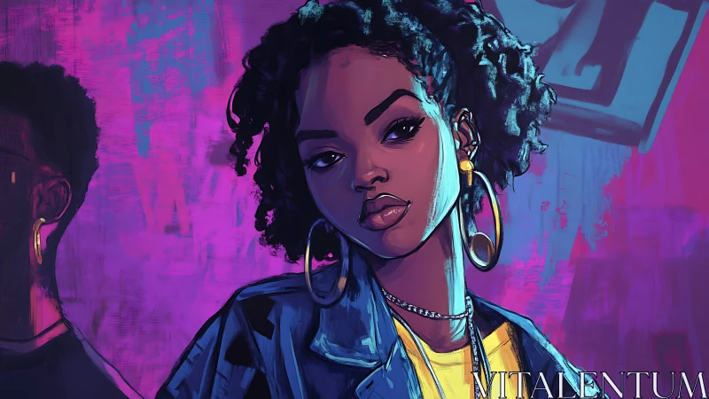 Neon murals listen while a cool-eyed muse owns the night