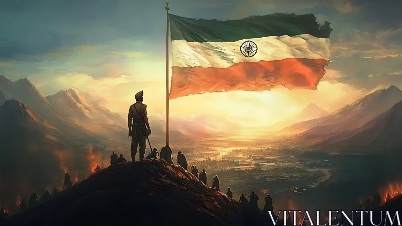 Soldier gazes at monumental Indian flag above burning valley.