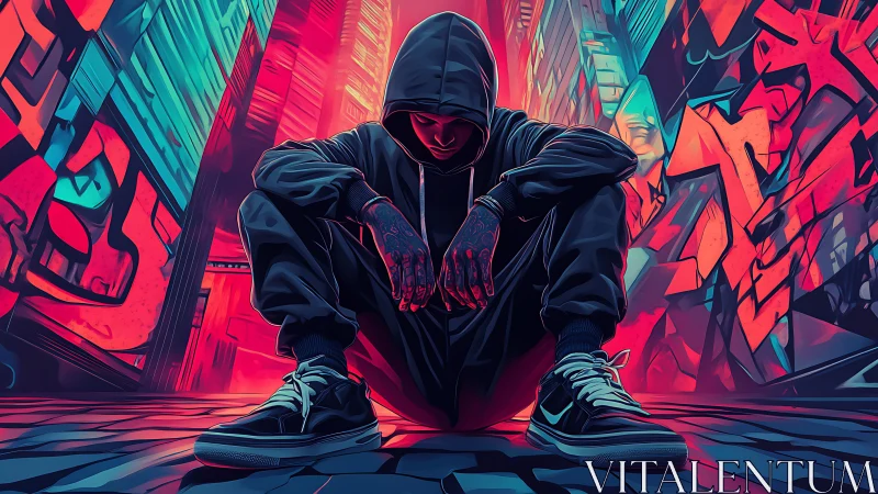 Hooded figure seated in graffiti alleyway at night.