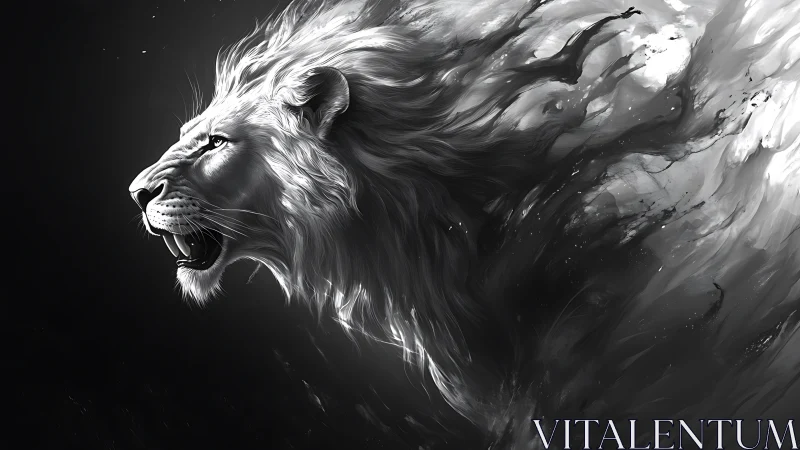 Roaring white lion with flowing mane in monochrome art