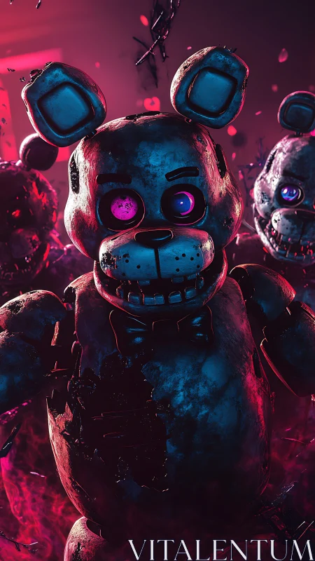 Broken horror animatronic bear under neon magenta glow.