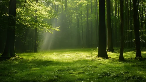 Sunlit Forest Clearing with Lush Greenery, Natural Landscape.