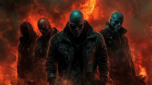 Infernal skull gang striding through a storm of fire.