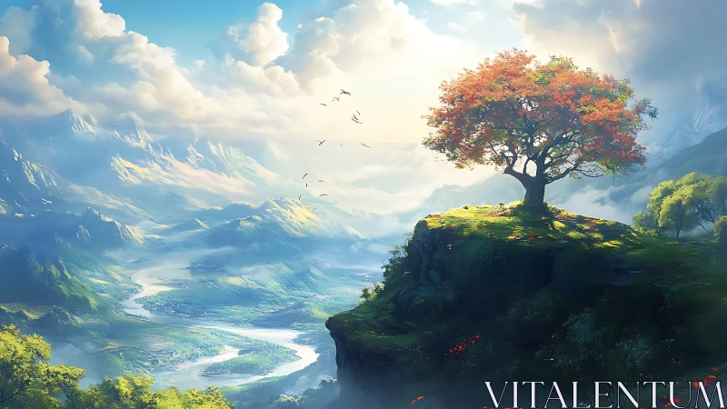 Solitary rainbow-crowned tree dreaming above misty valleys.