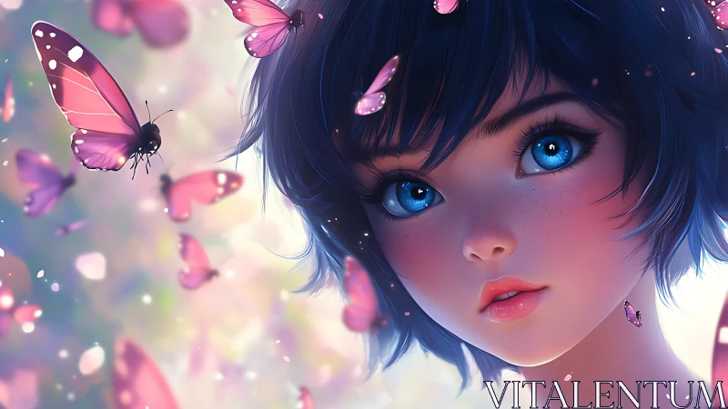 Digital portrait shows blue eyed girl with butterflies surrounding