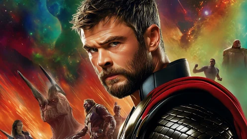 Serious armored hero in space backdrop with warriors.