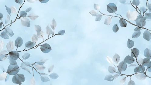 Branches with pale blue leaves frame a central empty space