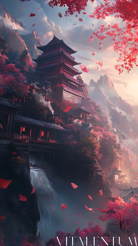 Crimson mountain temple rises gently above mist and waterfalls