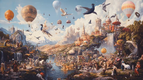 Surreal valley city merges airships, wildlife, and crowded market