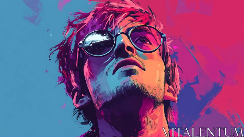 Digital portrait shows upward-facing figure in dual-color field