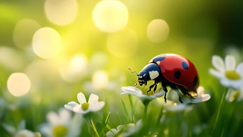 Sunny garden stroll with a glossy ladybug friend.