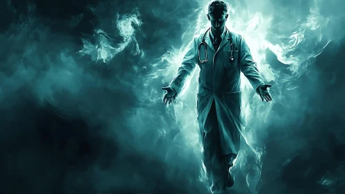 Mystical doctor strides through glowing teal medical fog