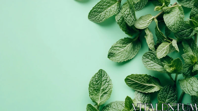 Fresh mint sprigs arranged on pastel green background.