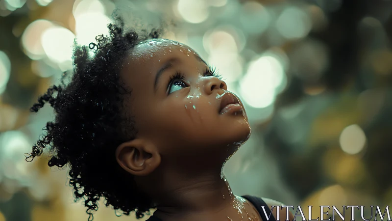 Child with wet face and curled hair against bokeh background