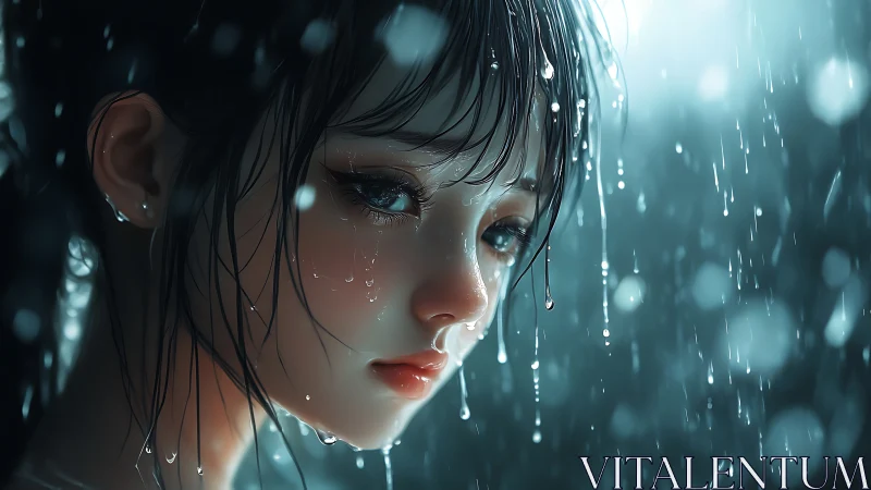 Digital portrait shows wet female face rendered in rainfall