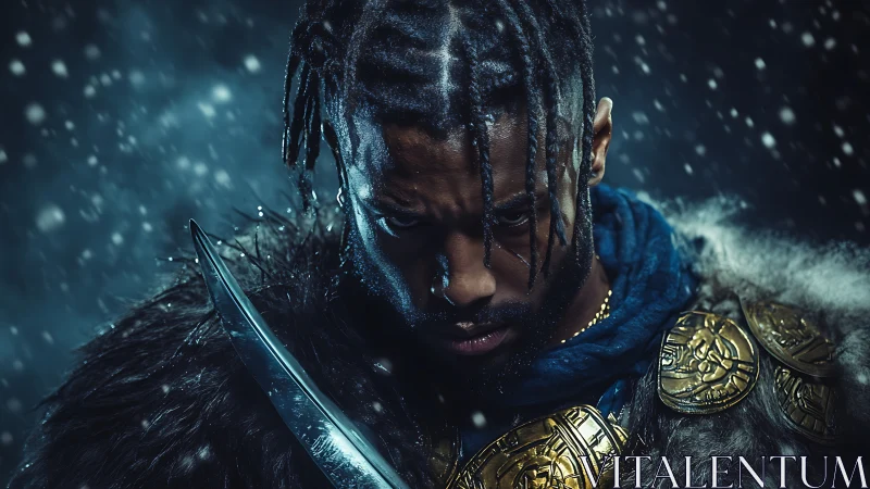 Warrior portrait under snowfall uses dramatic side lighting for tension