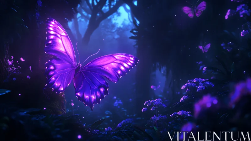 Luminescent violet butterfly hovers in a deep bioluminescent forest