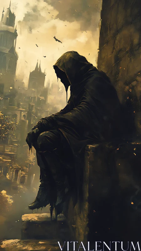 Hooded sentinel on ruined citadel ledge in burnt ochre fog