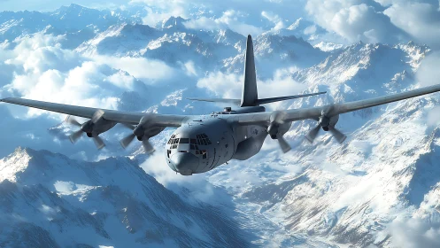 Military cargo aircraft flying above snowy mountain range.