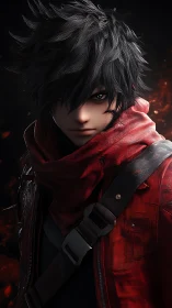 Brooding anime warrior in red scarf and jacket portrait.