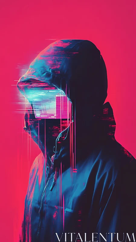 Neon hooded figure dissolving into glitchy digital static.