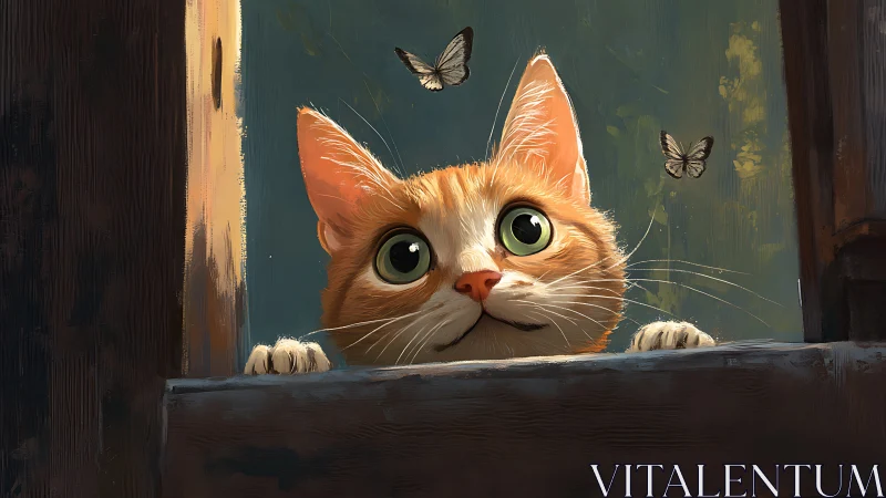 Whiskered Watcher: Orange Tabby Peering Through Time and Butterflies.