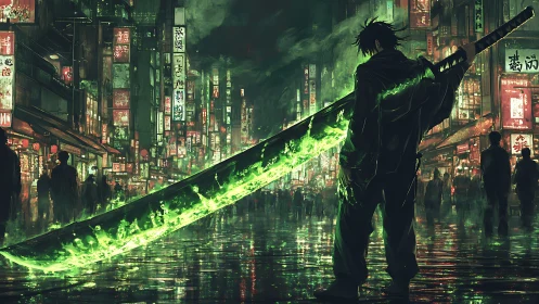 Figure holds burning green sword in dense neon city street