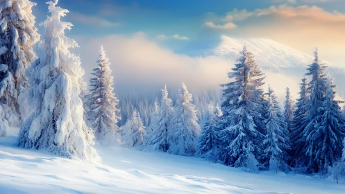 Snow-draped pines whisper under pastel winter sunrise hush.