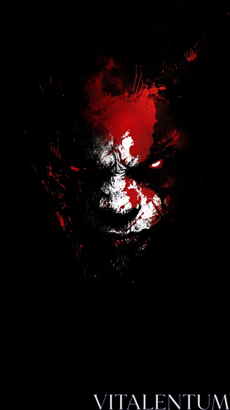 Stark red splatter skull emerging from deep black void.