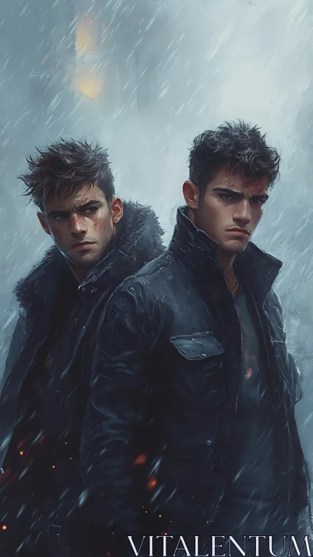 Digital painting of twin men in stormlit urban downpour.