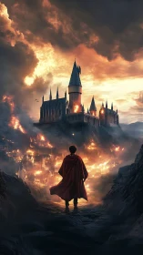 Cloaked figure observing burning castle above ruined city.