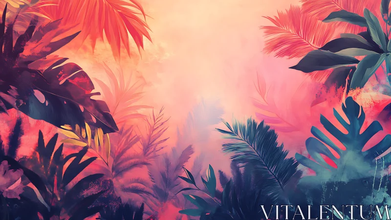 Gradient-lit tropical foliage layers with high-saturation color field