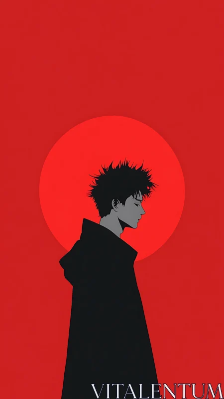 Quiet silhouette boy beneath a bold red rising sun.