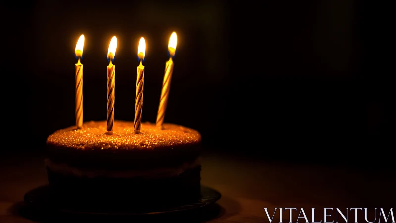 Golden Birthday Cake with Four Spiral Candles Against Dark Background