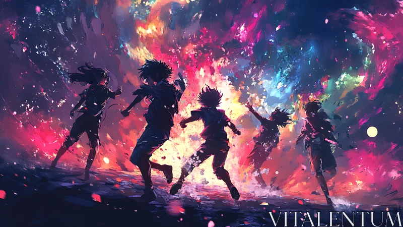 Silhouetted children run toward explosive multicolor sky