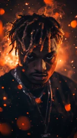 Moody portrait amid glowing ember sparks and swirling smoke.