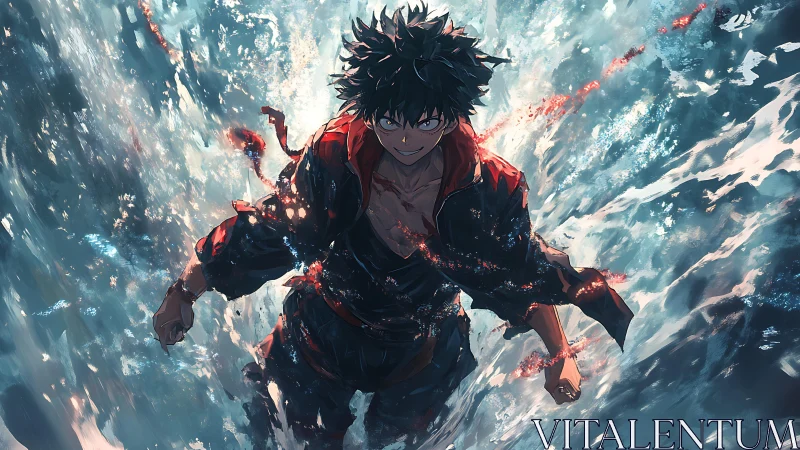 Determined anime fighter rising through swirling water.