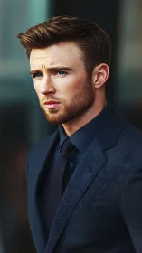 Male subject in dark blue formal suit, outdoor portrait.